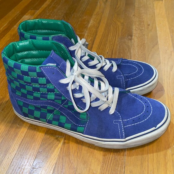 Vans Sk8 Hi Top Blue and Green Checkerboard Pattern Shoe - Picture 5 of 10